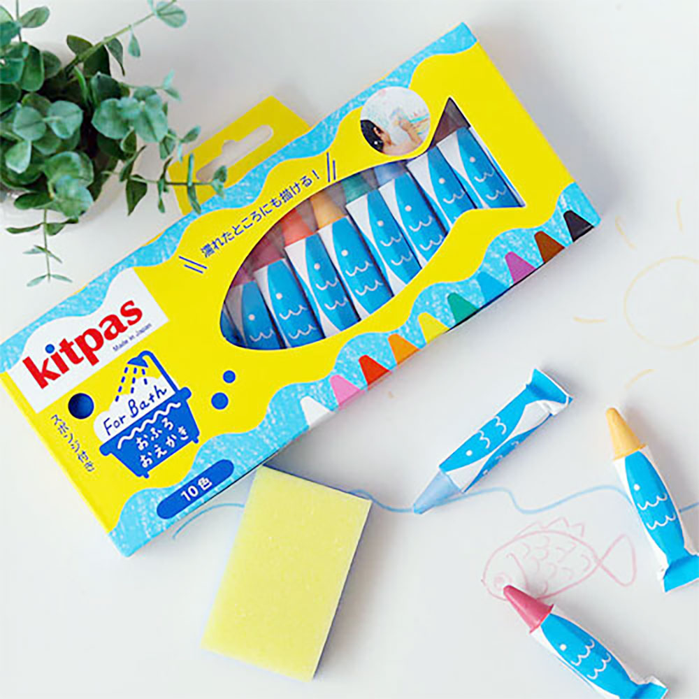【kitpas】日本製環保無毒浴室水洗蠟筆-10支組（附擦拭海綿）